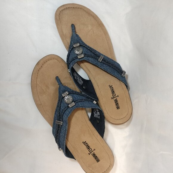 Minnetonka Sandals (Silverthorne 360) Denim & Silver NWOT - Picture 3 of 7